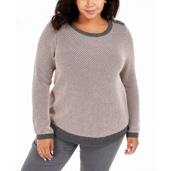 Charter Club Women's Plus Size Button-Trim Contrast-Accent Sweater Gray Size 4X