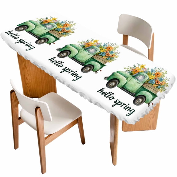 Hello Spring Table Cloths for 8 Foot Rectangle Tables, Easter Flowers Green Car Vintage Floral Patio Waterproof Elastic Fitted Tablecloths, Washable Rectangular Table Cover for Camping