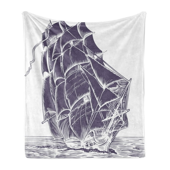 Nautical Soft Flannel Fleece Throw Blanket, Old Sail Boat in the Ocean on White Background Pirate Treasure Retro Illustration, Cozy Plush for Indoor and Outdoor Use, 60" x 80", Lavender, by Ambesonne