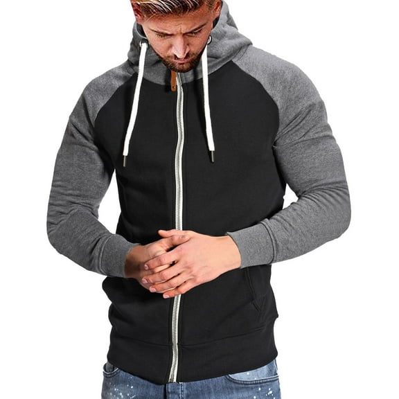Curuila Mens Hoodies Color Block Long Sleeve Zipper Pullover With Pocket Fashion Loose Warm Autumn Winter Sweatshirt Black Size L