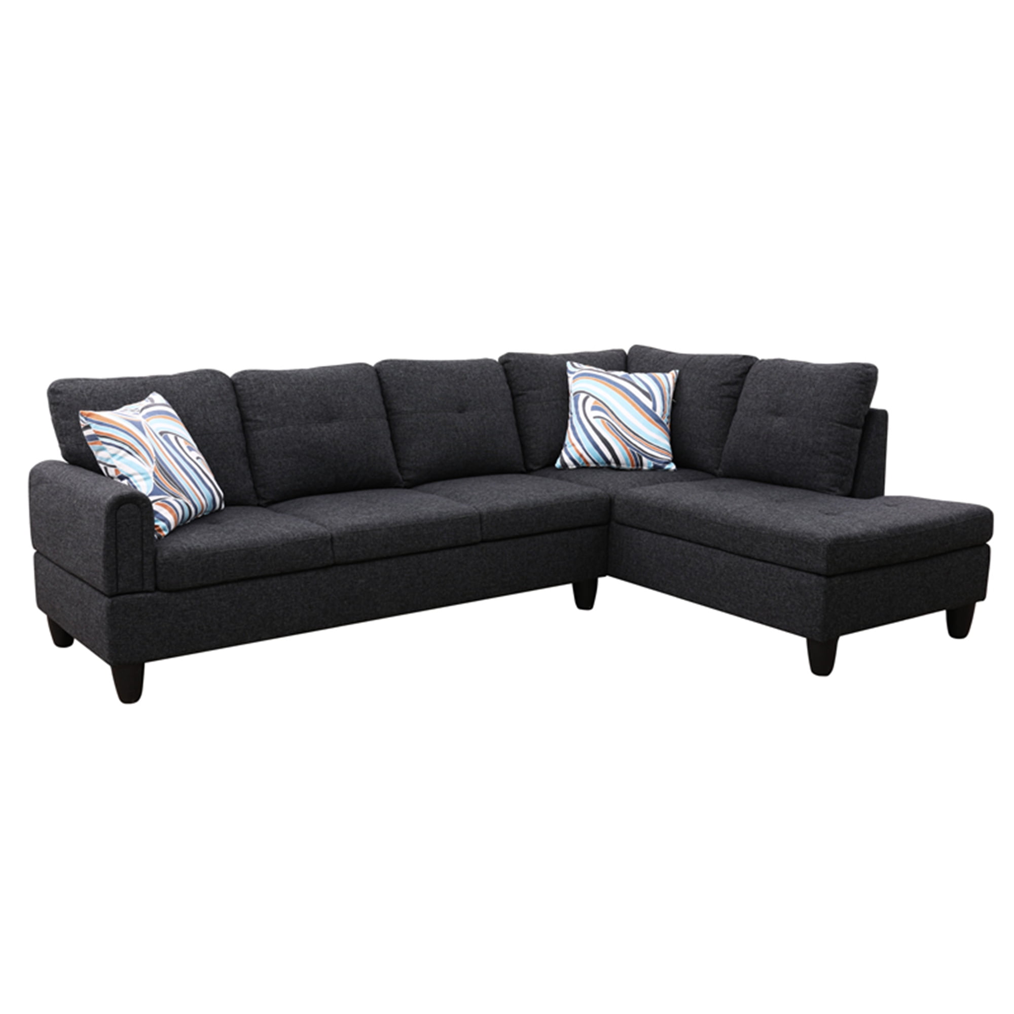 Aukfa 3 Piece L-shape Sectional Sofa with Storage Ottoman, Right Chaise, 2 Pillows, Linen, Dark Gray