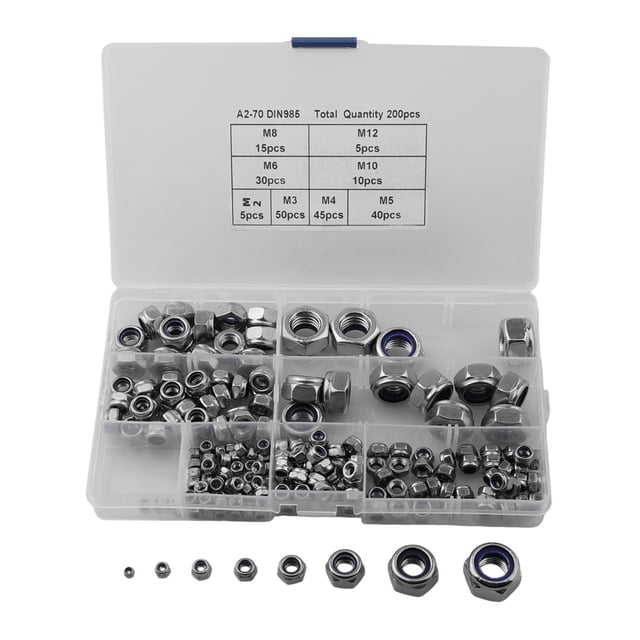 200Pcs Stainless Steel Self-Locking Nuts Assortment Threaded Inserts Hex Nut Set
