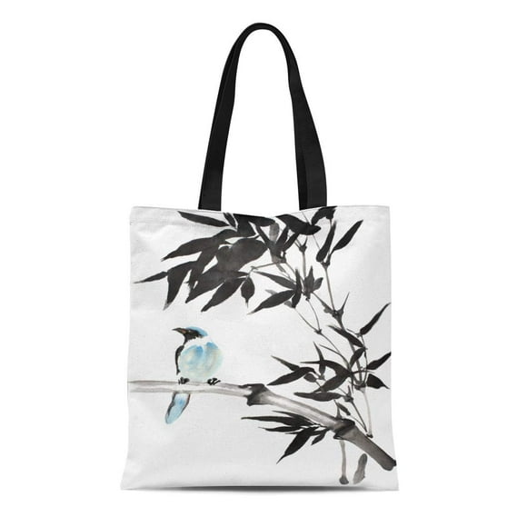 NUDECOR Canvas Bag Resuable Tote Grocery Shopping Bags Original Watercolor Painting of Blue Tropical Bird Perched on Bamboo Branch Tote Bag