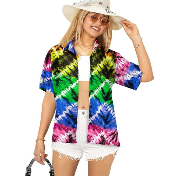 LA LEELA Women's Casual Beach Hawaiian Short Sleeve Blouse Shirt Dressy Blouses Button Up Dress Tops Tee Shirts T Shirts for Women S Cross Dye, Multicoloured