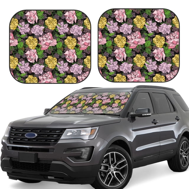 Saiise Colorful Roses for Foldable Car Sun Shades (2-Pack) Offer Sun Protection with an Easy-fold Design for Convenient Windshield Shading-Small