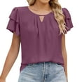 thumbnail image 6 of Fanxing Womens Summer Chiffon Tops Ruffled Short Sleeve T Shirts with Keyhole Basic Solid Color Tees Shirt Purple,L, 6 of 8