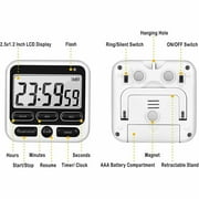 Digital Kitchen Timer with Mute/Loud Alarm Switch on/offSwitch, 24 Hour Clock & Alarm, Memory Function Count up & Count Down for Teachers Cooking, Large LCD Display, Strong Magnet (White)