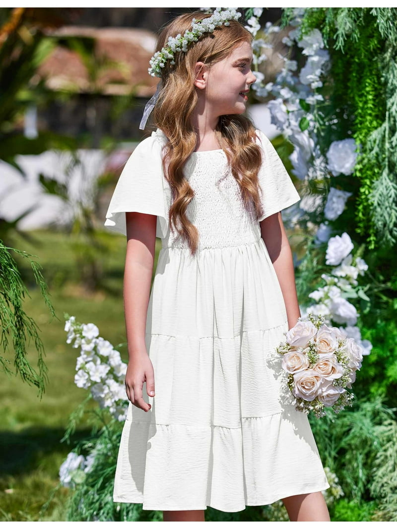 tween casual dresses Arshiner Girls Summer Dress Tween Casual Smocked Swing Flowy Ruffle Midi  Dresses with Pockets, White