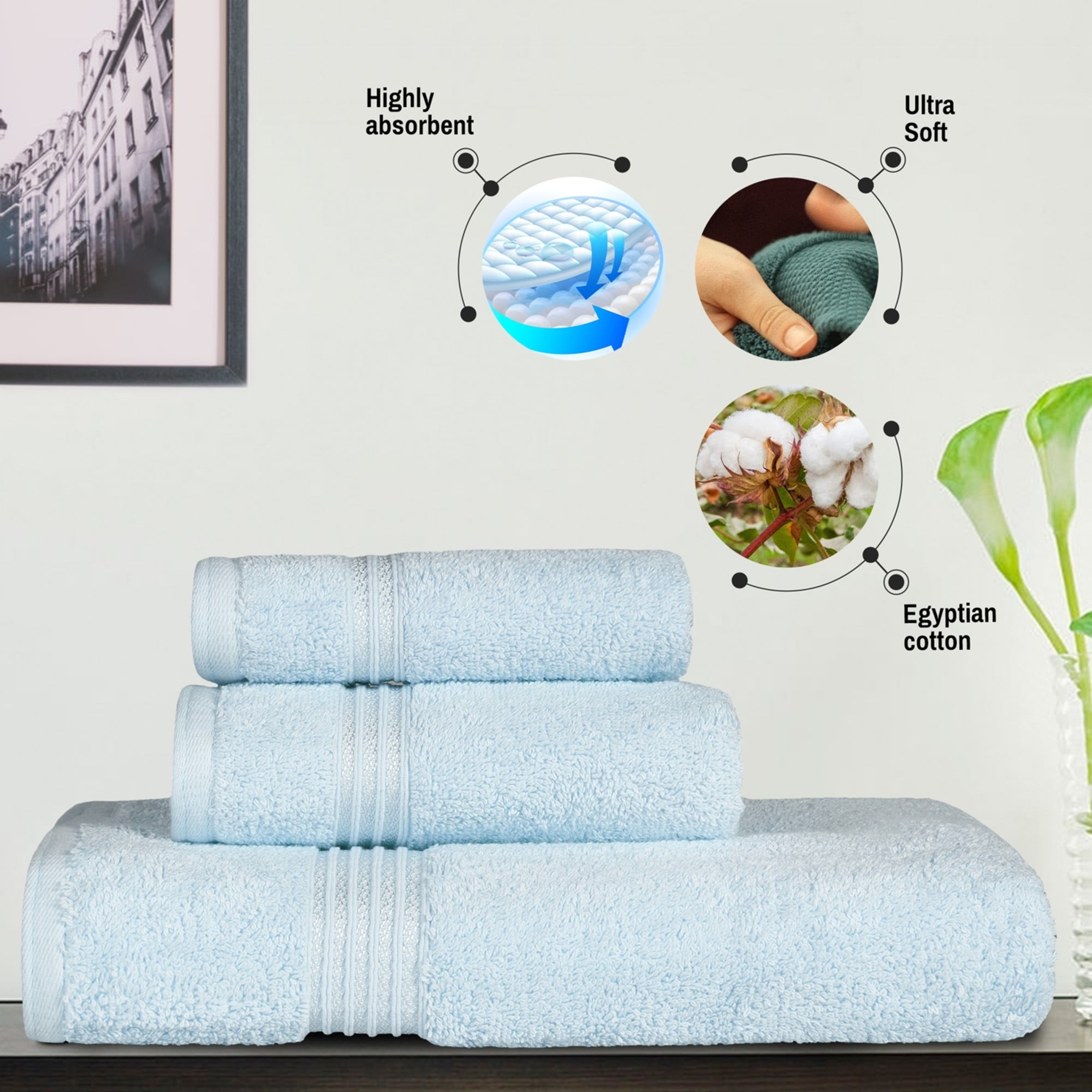 Superior Derry Solid Egyptian Cotton 3 piece Towel Set White