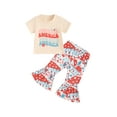 thumbnail image 2 of Aojekbee 4th of July Toddler Girls Outfits Letter Print Crew Neck Short Sleeve T-Shirts Stripe Stars Print Flare Pants 2Pcs Clothes Set, 2 of 10