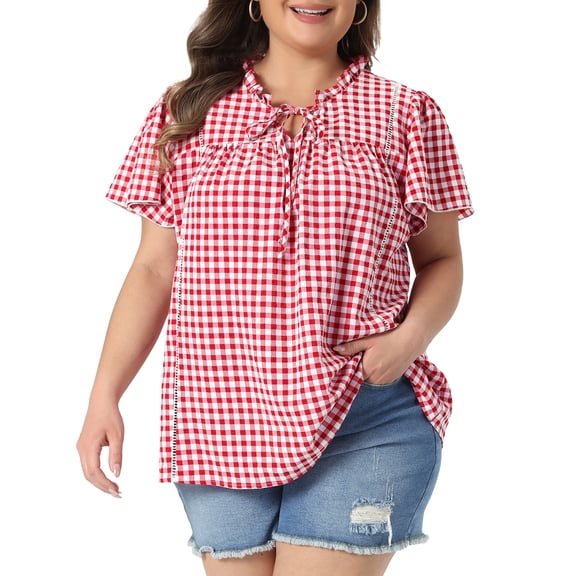Agnes Orinda Women's Plus Size Gingham Top Tie Front Ruffle V Neck Short Sleeve Plaid Blouse Dressy Casual Summer Shirt 1X Red