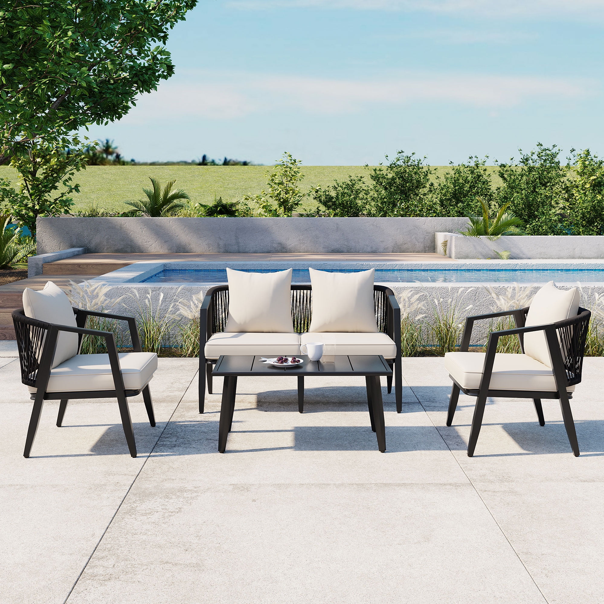Leumius 4 Pieces Patio Furniture Set,Modern Outdoor Conversation Set for Patios,Lawns,Beige