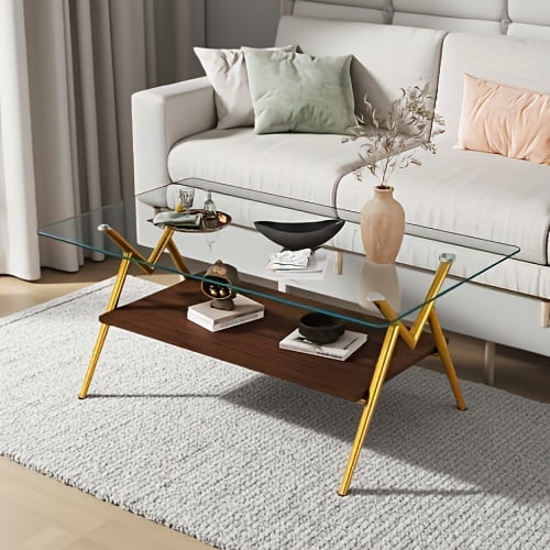 Rectangle Coffee Table with Tempered Glass top and Golden Metal Legs, Modern Table for Living Room , Transparent Glass