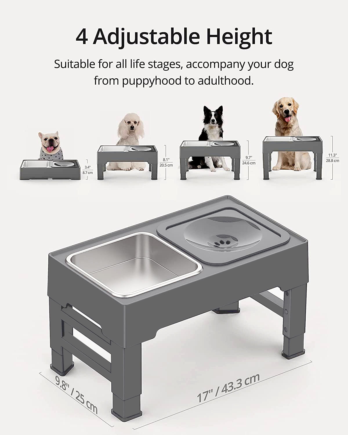LumoLeaf Elevated Dog Bowls, 4 Height Adjustable Stand, Raised Dog Food and  Water Bowls Stainless Steel, Non Slip Tall Feeding Station Adjusts to