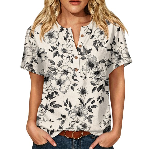 Womens Summer Short Sleeve Tops Basic Henley Neck Button Down Blouses Flowy Tunic Shirts Trendy Outfits with Pocket