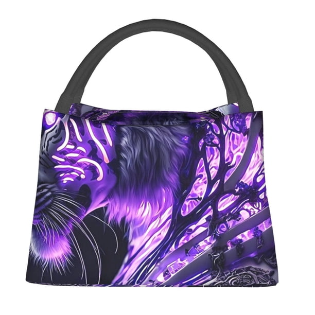 Easygdp Purple Pattern White Tiger Bolsa de Almuerzo Insulada Reutilizable, Bolsa de Mano y Bandolera para Oficina, Trabajo, Viajes