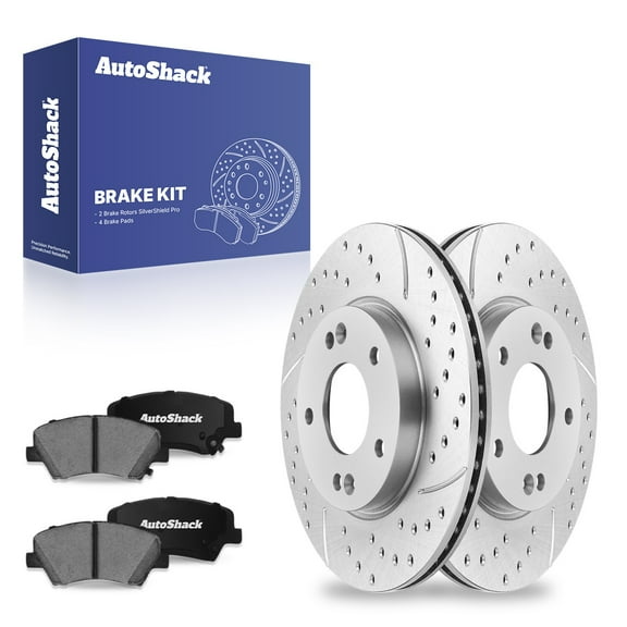 AutoShack Front Drilled & Slotted Brake Rotors Ceramic Brake Pads | Replacement for Hyundai Veloster Elantra GT Elantra Coupe Kia Forte5 FWD | Silver Zinc Coated | 6-PC Brake Kit | SilverShield Pro