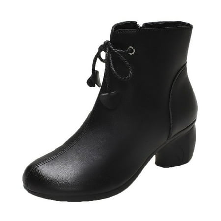 

nsendm Wide Winter Boots for Women Women s Short Round Toe Booties Solid Color Retro Heel Boots for Women Lace up Black 6.5
