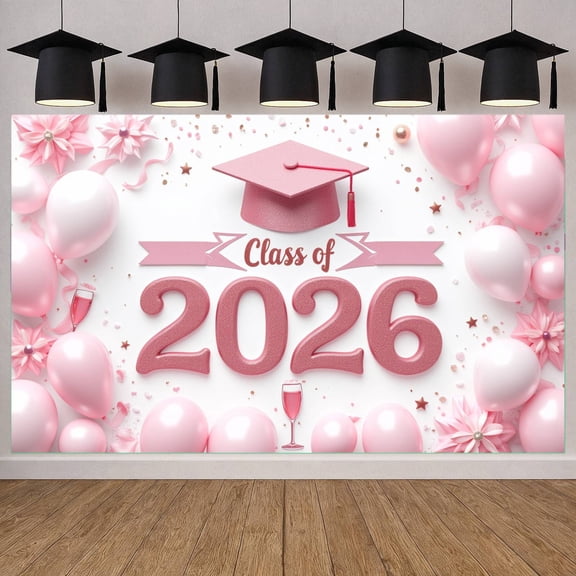 Pink Theme Graduation Banner Graduation Cap Design Grad Party Display Balloon Decoration Floral Ornament Graduation Backdrop for Graduation Ceremony Class of 2026 Party Graduation Photo Shoot