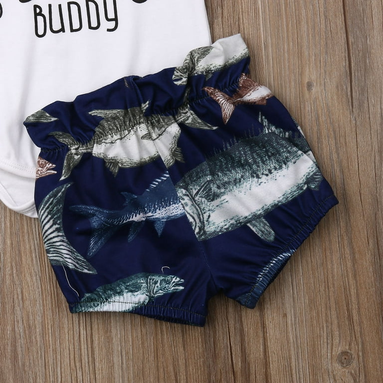 TheFound 3Pcs Baby Girl Boy Dad's Little Fishing Buddy Short Sleeve Romper  Top Fish Shorts Headband Summer Outfits 