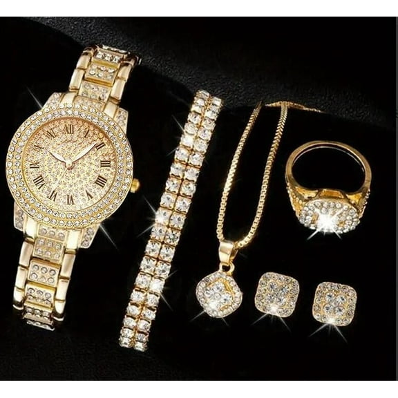Women's Fashion Diamond Watch Roman Numerals Fully Iced Out Watch with NecklaceJewelry Set