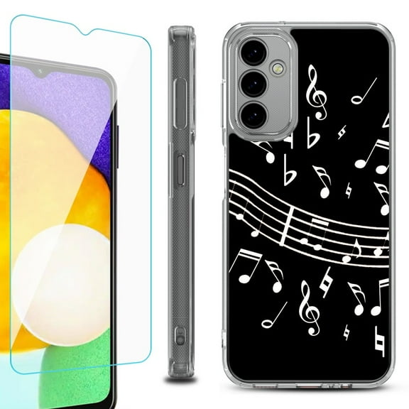 Shockproof Bumper Phone Case for Samsung Galaxy A14 5G, with Tempered Glass Screen Protector, by OneToughShield ® - Music Notes / Black