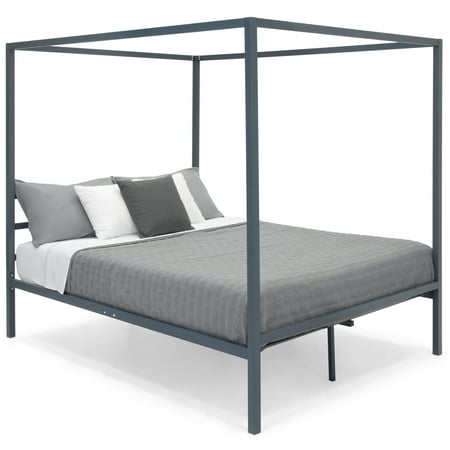 Pencil Post Queen Bed Best Choice Products Industrial 4 Corner Post Steel Canopy Queen Platform Bed Frame with Headboard, Metal Slats, Gray ()