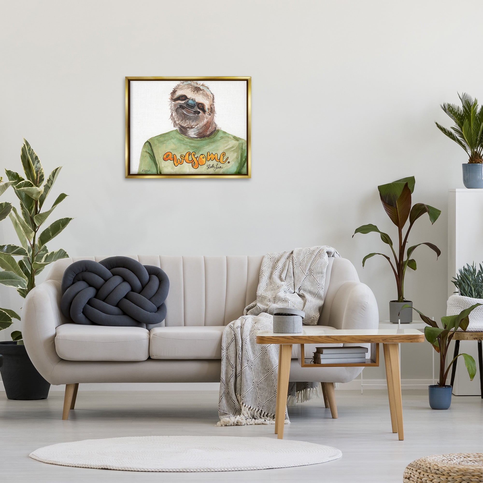 Stupell Industries Sloth with Awesome Shirt Animals & Insects Painting Gold Floater Framed Canvas Art Print Wall Art, 31 x 25