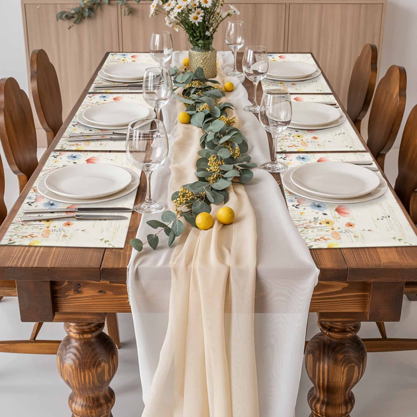 Watercolor Wildflowers Placemats Set of 6, Farmhouse Country Botanical Flowers Placemats for Dining Table, Place Mats for Kitchen Tabletop, Waterproof Wipeable Dining Table Mats Set