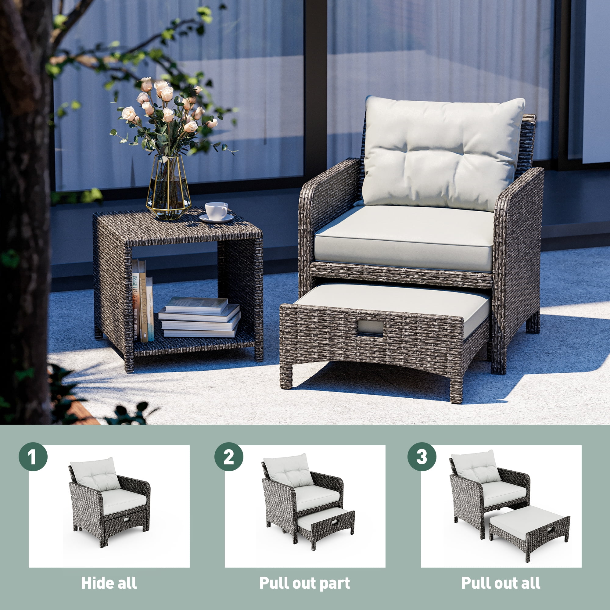 PAMAPIC 5 Pieces Wicker Patio Furniture Set Outdoor Patio Chairs with Ottomans (Gray)