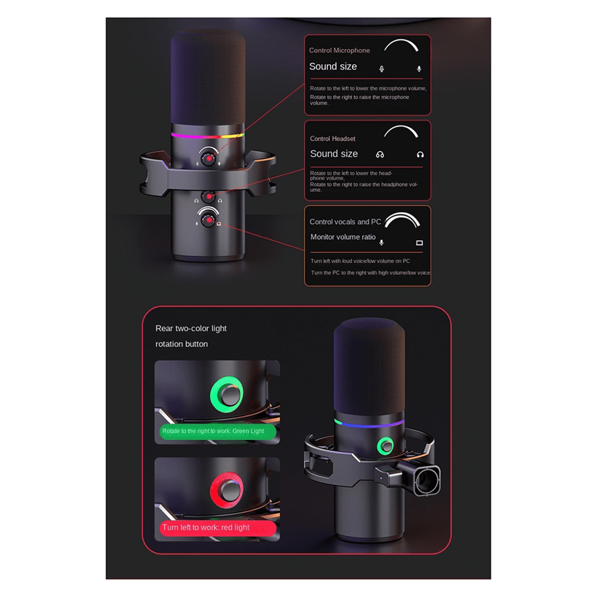 Dynamic Microphone XLR Connect 48V Sound Card Recording Douring and Singing Equipment USB Computer Game Live Microphone
