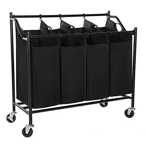 Clothes Rod Sunix Rolling Laundry Sorter Storage Trolley Laundry Basket 3 Heavy-Duty bag Laundry Cart Bin with Removable Hanging Bar Beige 