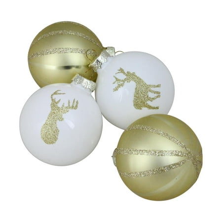 White Deer Christmas Ornaments 4-Piece Champagne Gold and White Striped Deer Christmas Glass Ball Ornaments 3.5