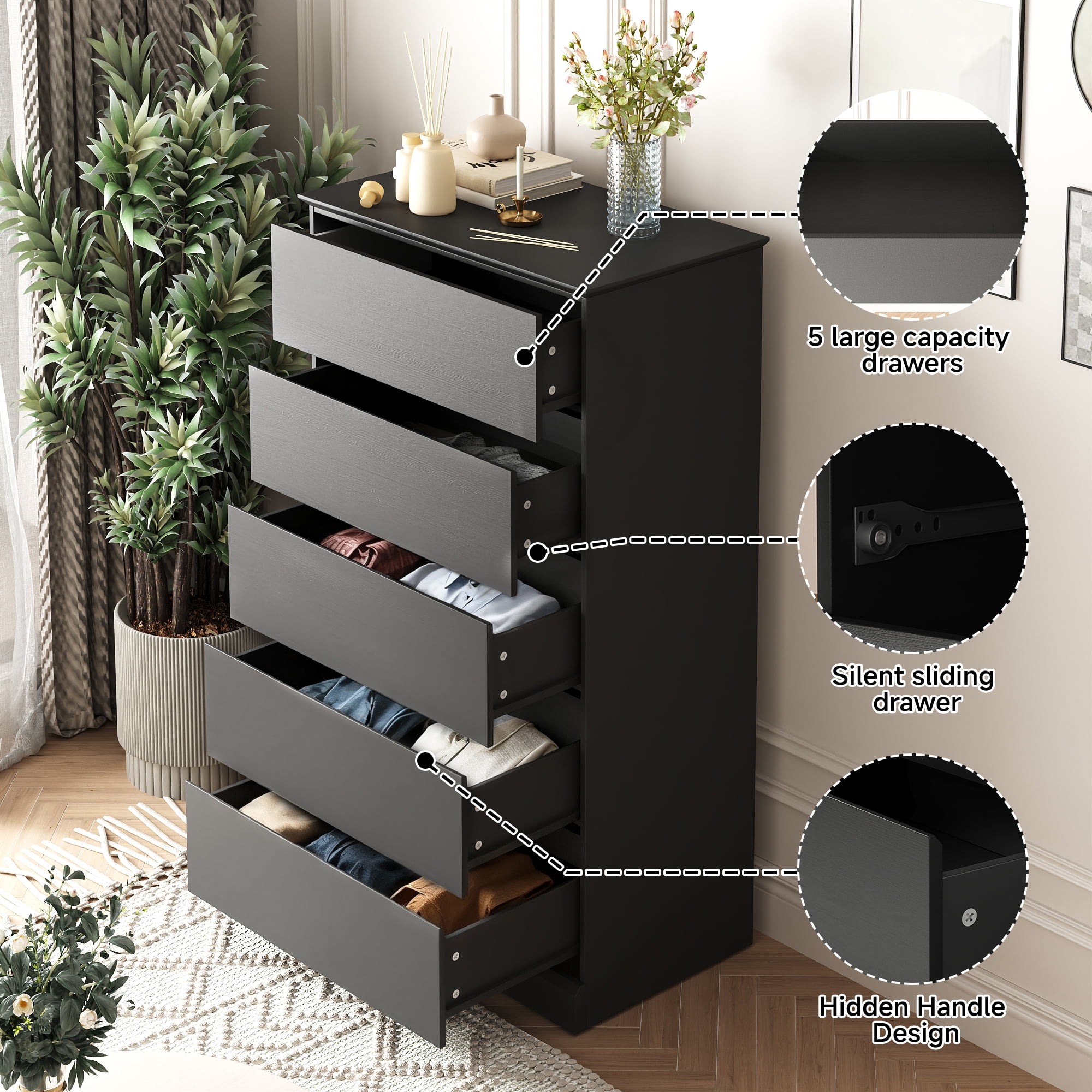 5 Drawer Dresser for Bedroom, 15.8" D x 27.6" W x 48.4" H in Simply Modern Chest of Drawers, Wood Storage Dresser with Deep Drawers for Living Room Hallway Entryway, Black