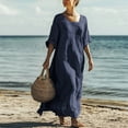 thumbnail image 2 of Women Cotton Linen Maxi Dress Half Sleeve Loose Fit Summer Lounge Long Dresses Trendy 2025 Crewneck Vacation Outfits, 2 of 6
