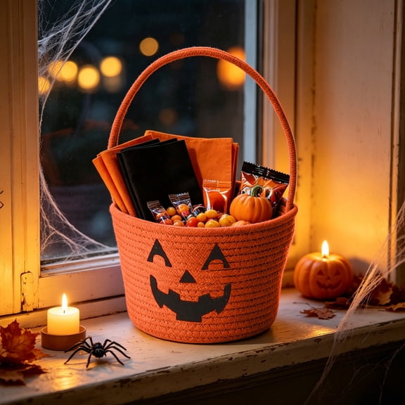 PLPPYFS Halloween Basket, Woven Cotton Rope Pumpkin Candy Basket, Cute Trick or Treat Bucket with Handle, Small Spooky Bins for Adults, Halloween Decoration Gift Bin Empty