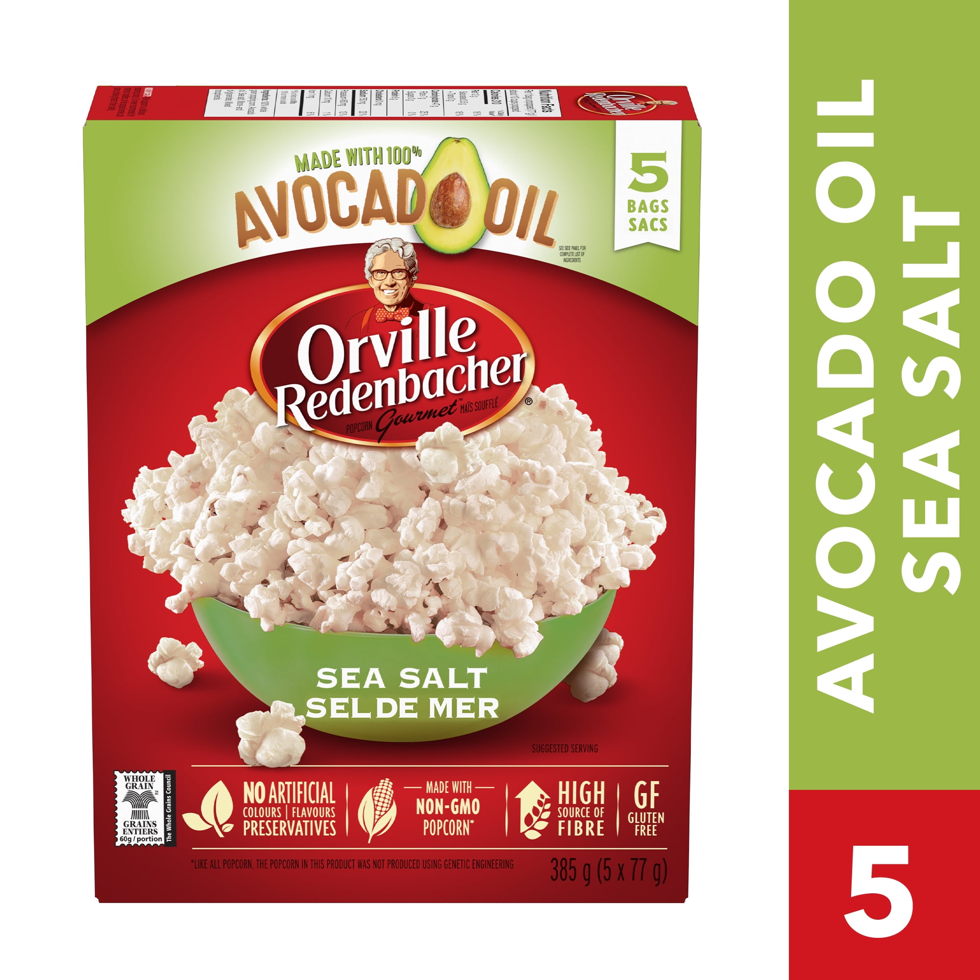 Maïs soufflé au micro-ondes avec de l’huile d’avocat Orville Redenbacher (5 sacs, 77g) sans OGM, grains entiers micro-ondes  maïs soufflé fait avec 100% huile d'avocat et source élevée de fibres