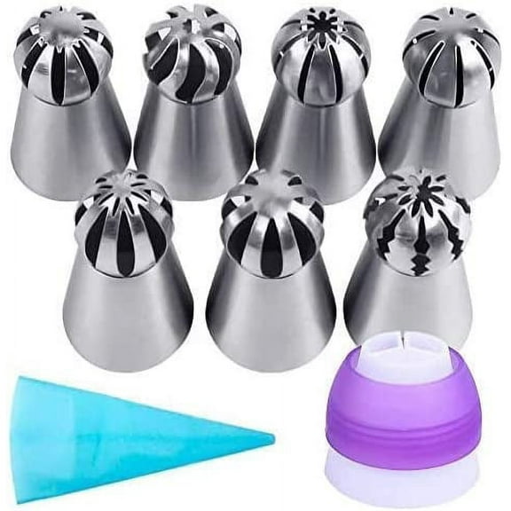 7 Russian Sphere Ball Nozzles Tips Flowers with Piping/Icing Bag Pastry, Cake, Fondant, Cupcake, Baking Decorating Tool (Set of 9)