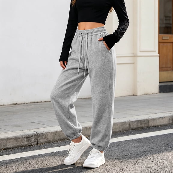 Women's Joggers High Waist Elastic Waist Side Pockets Cuffed Ankle Loose Fit Casual Running Slimming Sweatpants, Workout Sweatpants Women Gray S