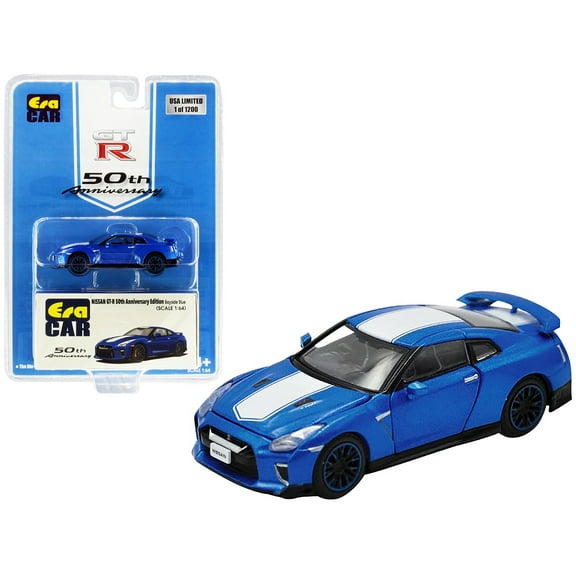 Nissan GT-R (RHD) Bayside Blue with White Stripe "50th Anniversary Edition" Ltd Ed 1200 pcs 1/64 Diecast Model Car by Era Car