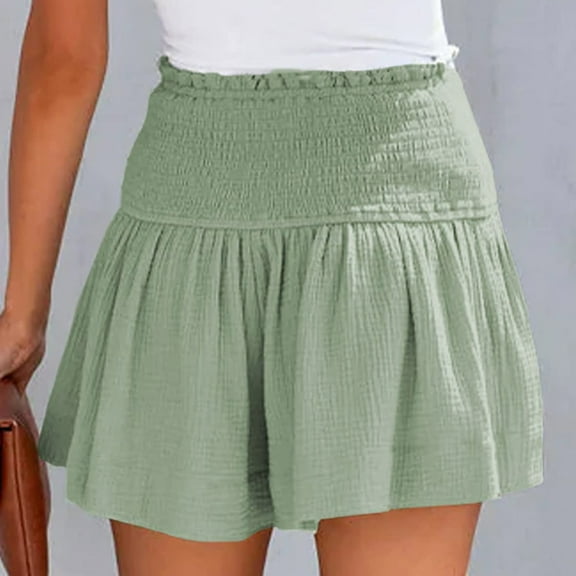 Women's Shorts Womens Shorts Cotton High Elastic Waisted Pleated Ruffle Cute Shorts Beach Flowy Casual Shorts,Green Women's Shorts XXL