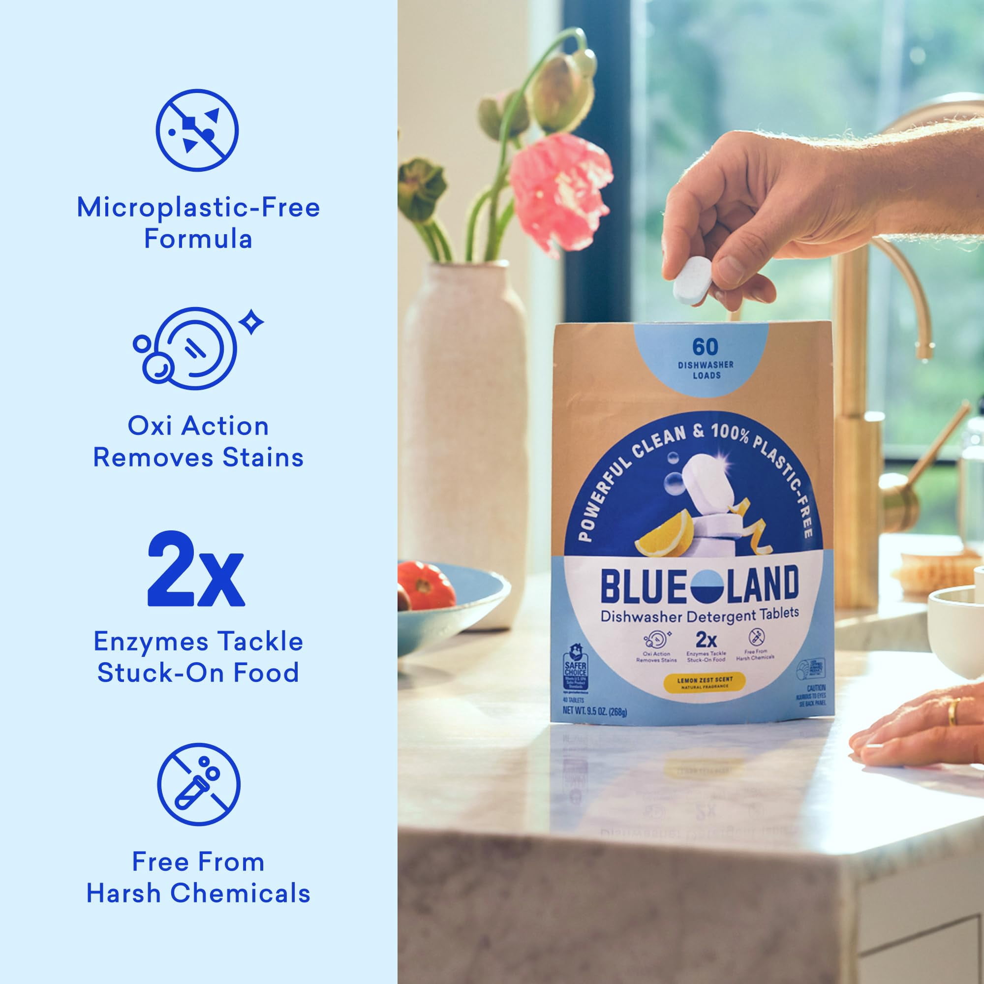 100% Plastic-Free Dishwasher Detergent Tablets, 120 Count, Free & Clear, Eco-Friendly Dishwashing Pods, Natural, USDA Certified biobased