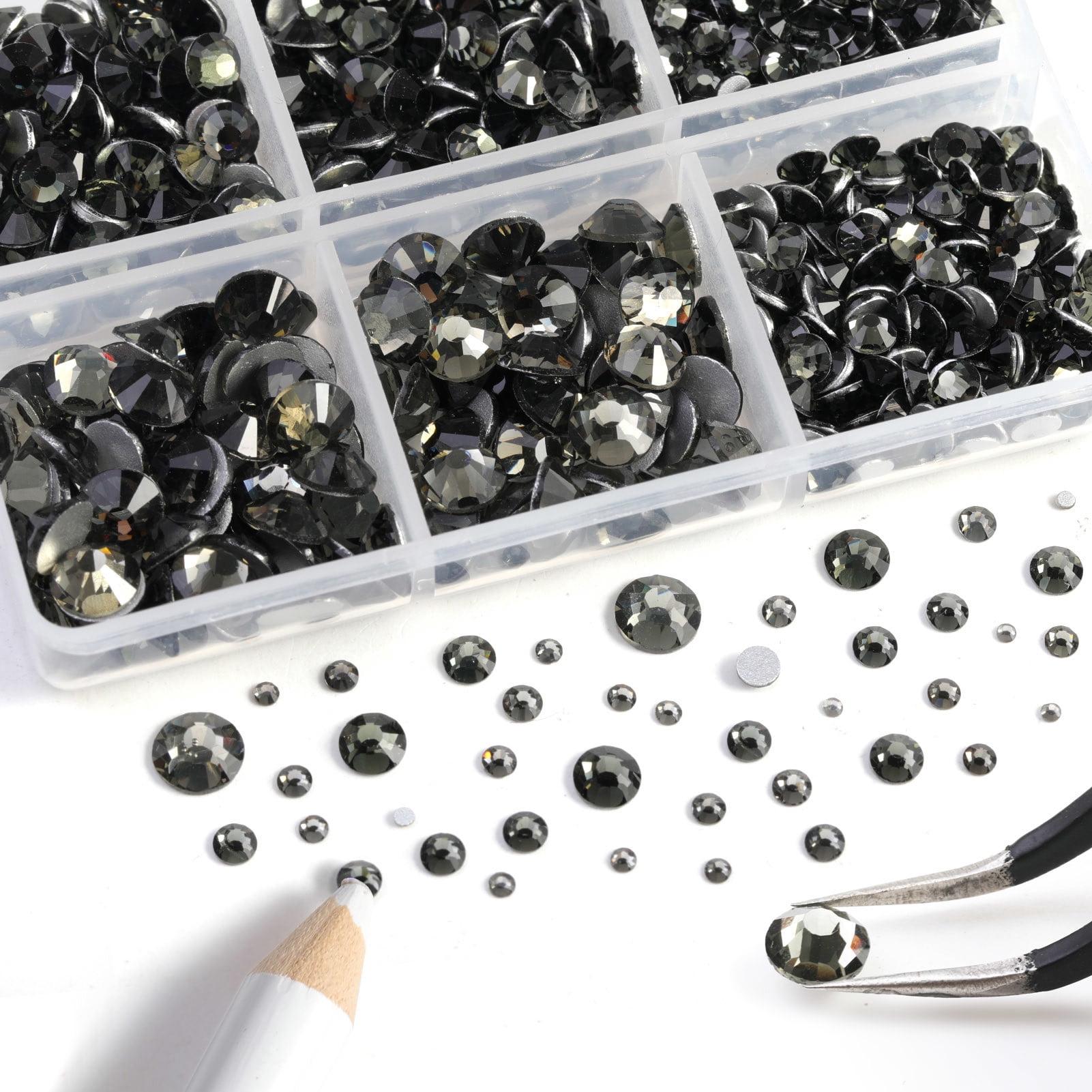 Beadsland 8300PCS Flatback Rhinestones 10 Sizes with Wax Pencil and Tweezer Kit, SS3-SS30, Black Diamond