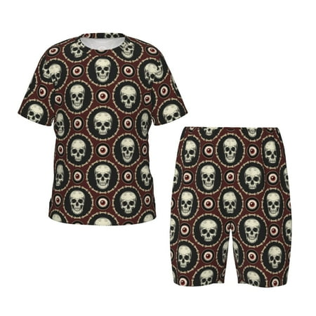 Adobk Skulls And Red Eyeballs Print Pajamas Toddler 2 Piece Short Sleeve Sleepwear Summer Kids Clothes Set-Large