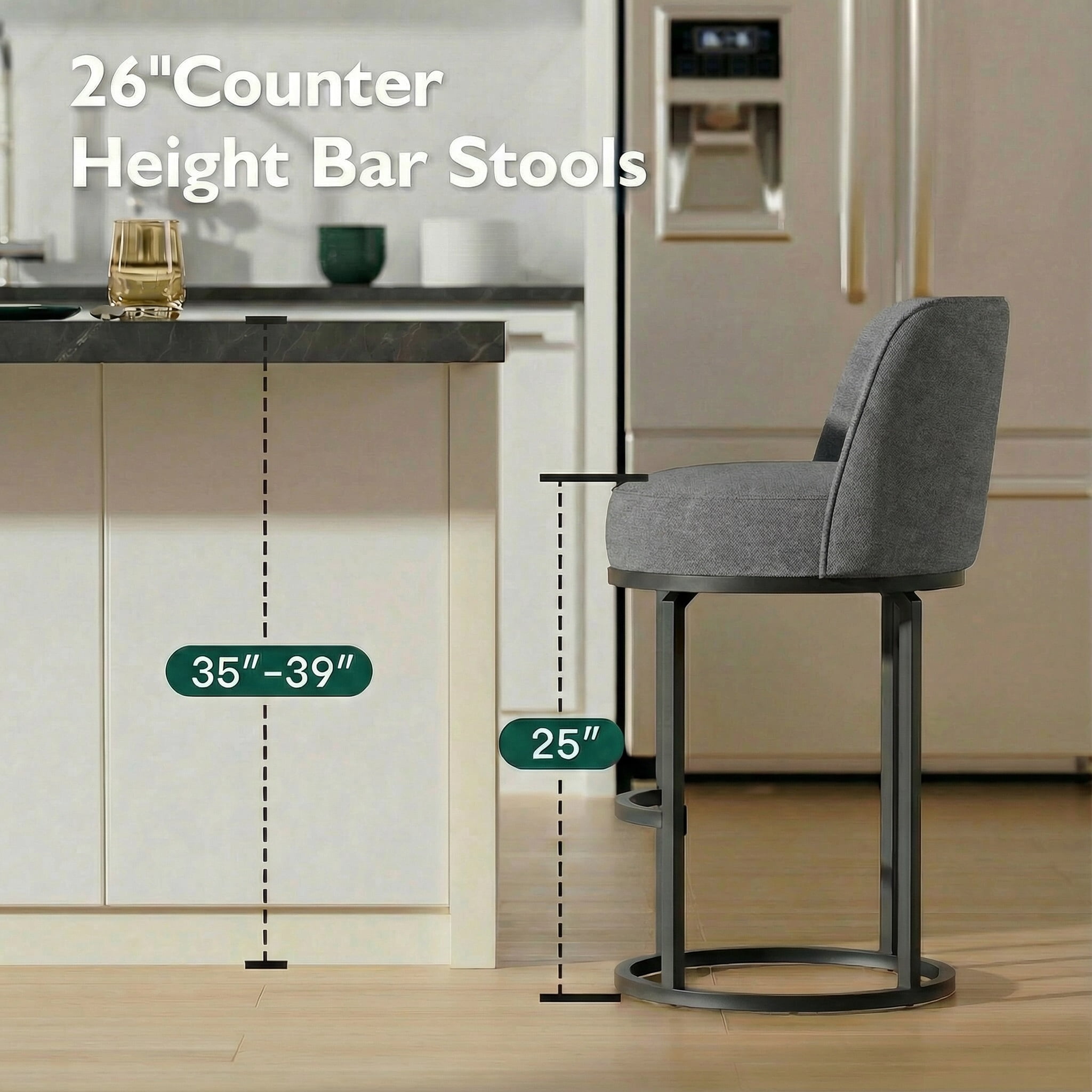 Peispie Counter Height Bar Stools Set of 2, 25 Inch Linen Upholstered Bar Chairs with Back, Modern Kitchen Island Stools with Footrest, Metal Frame, 350 lbs, Grey