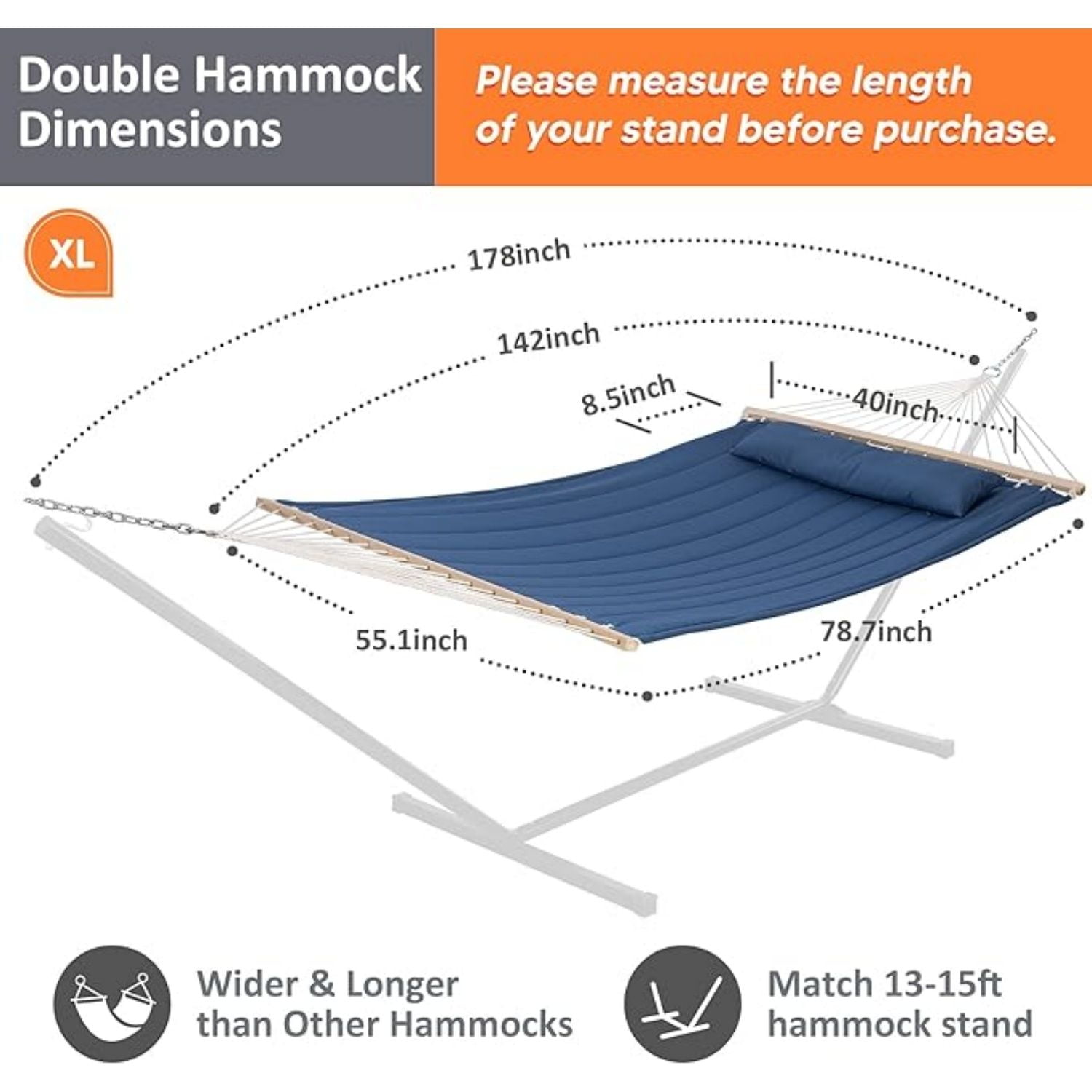 Double Outdoor Hammock with Hardwood Spreader Bar, Extra Large Pillow, 475 lbs Capacity, Heavy Duty 2 Person Hammock, Blue