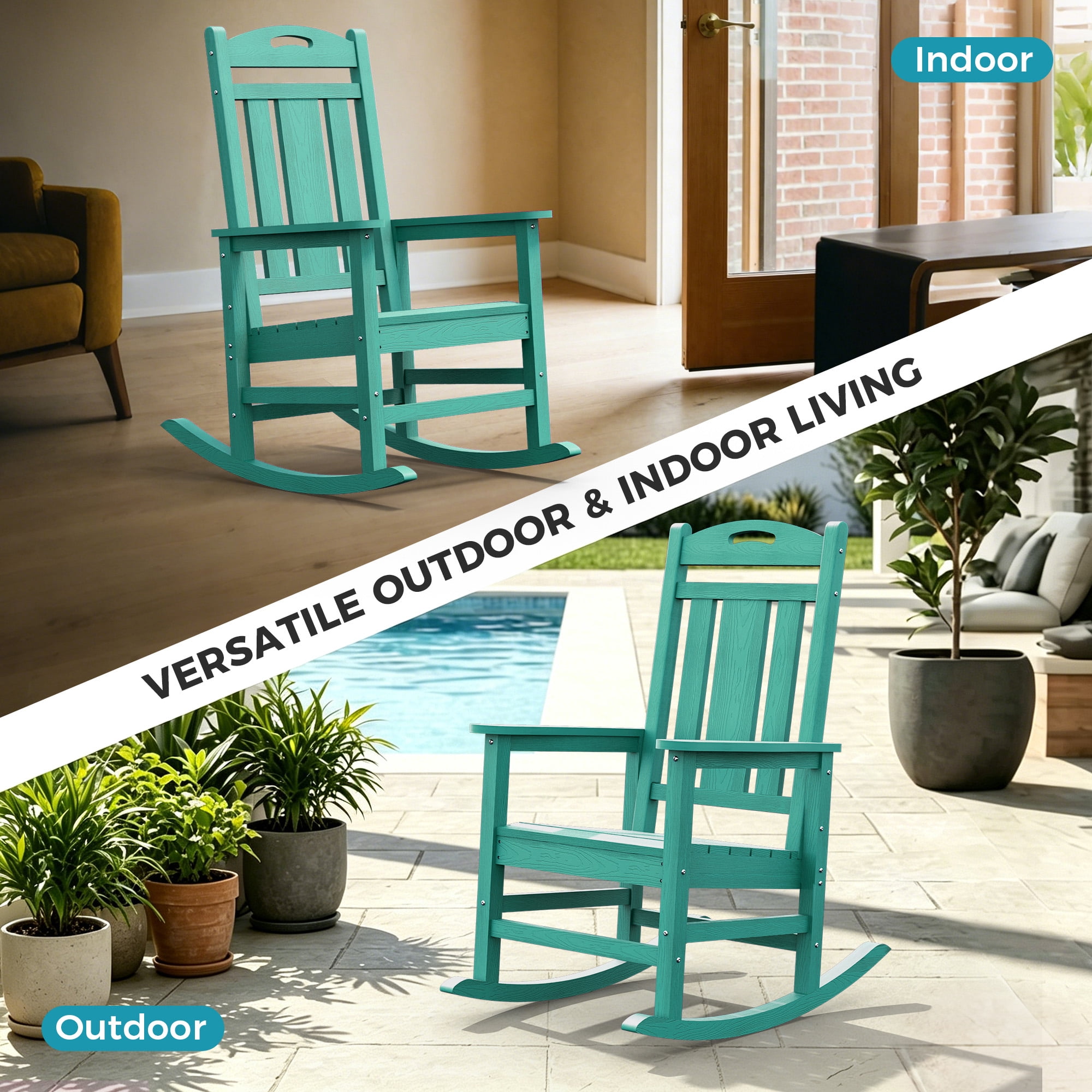 Oversized HDPE Outdoor Rocking Chair, All-Weather High Back Porch Rocker, Aqua