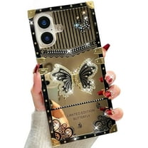 for iPhone 16 Plus Case with Kickstand, Glitter Foldable Cute Bling Butterfly Stand Soft Cover Mirror Back Golden Plated Shockproof Protective Elegant Woman Girly for iPhone 16 Plus (Black)