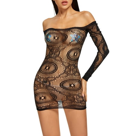 

Biekopu Ladies Summer Sexy Nightwear Hollow Perspective Mesh Long Sleeve Backless Short Hip Skirt Nightdress