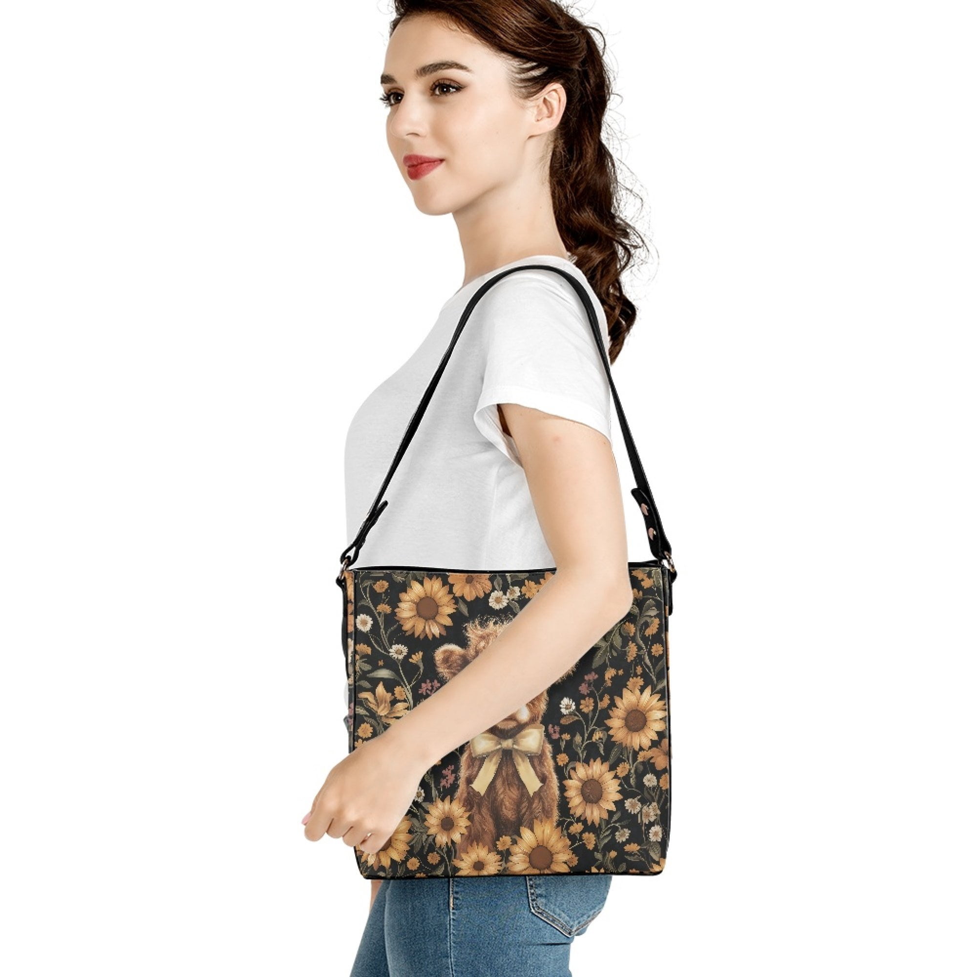 Kuiaobaty Highland Cow Print Bucket Crossbody Bag for Women Lady Sunflower Print Leather Hobo Satchel Purse Crossbody Cute Roomy Bucket Tote Bag with Adjustable Strap for Travel Brown